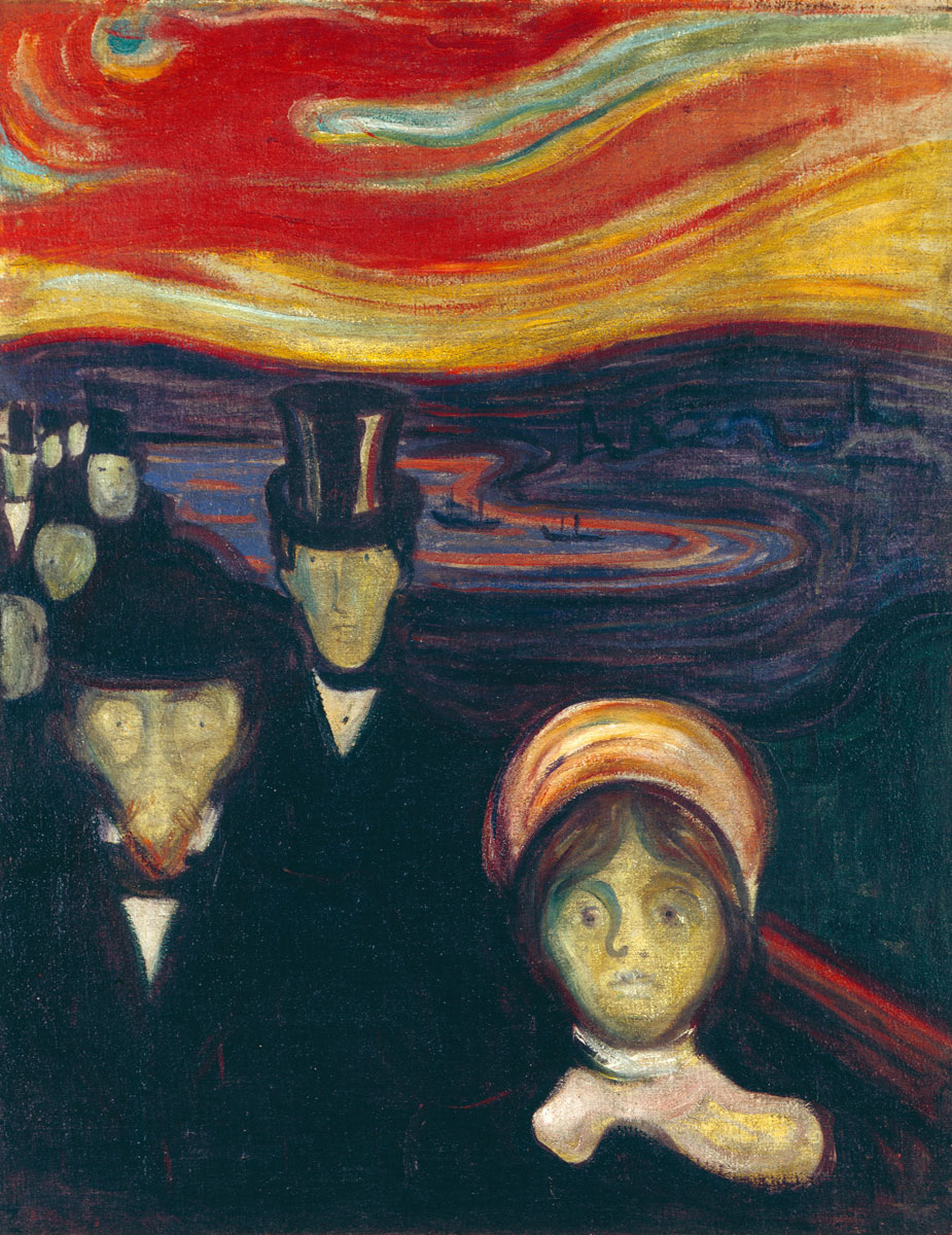 Anxiety - L’Ansia (Ansietà, Angoscia), Edvard Munch, 1894, dipinto olio su tela 94 cm x 74 cm, Oslo presso il Museo dedicato all’artista.