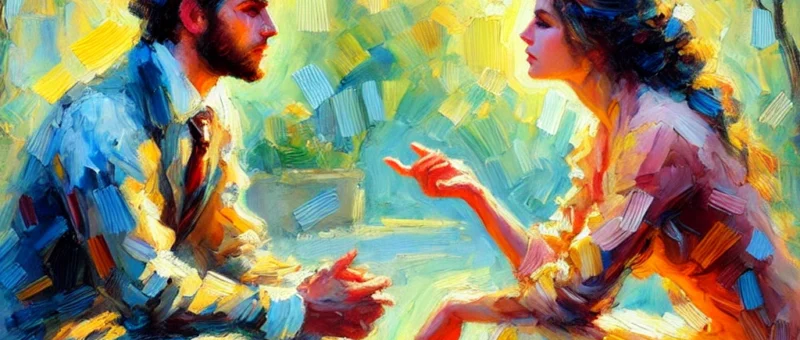 Dipinto in stile impressionista di una coppia che comunica in modo assertivo in un ambiente sereno