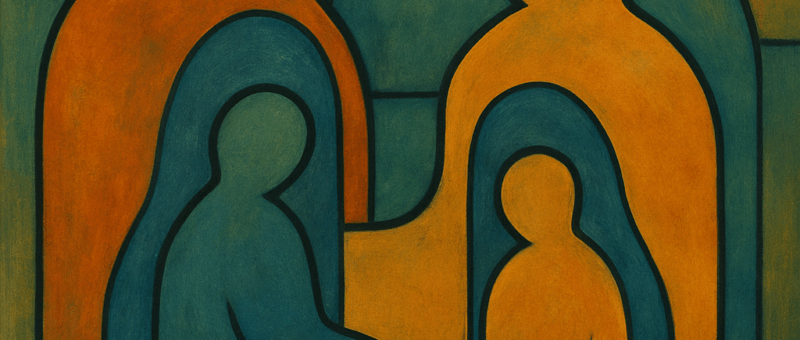 Illustrazione astratta di figure nidificate che rappresentano una famiglia come sistema relazionale.