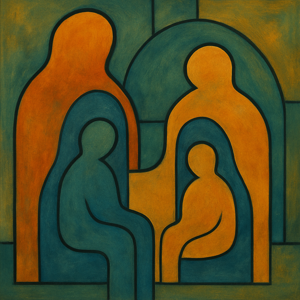 Illustrazione astratta di figure nidificate che rappresentano una famiglia come sistema relazionale.